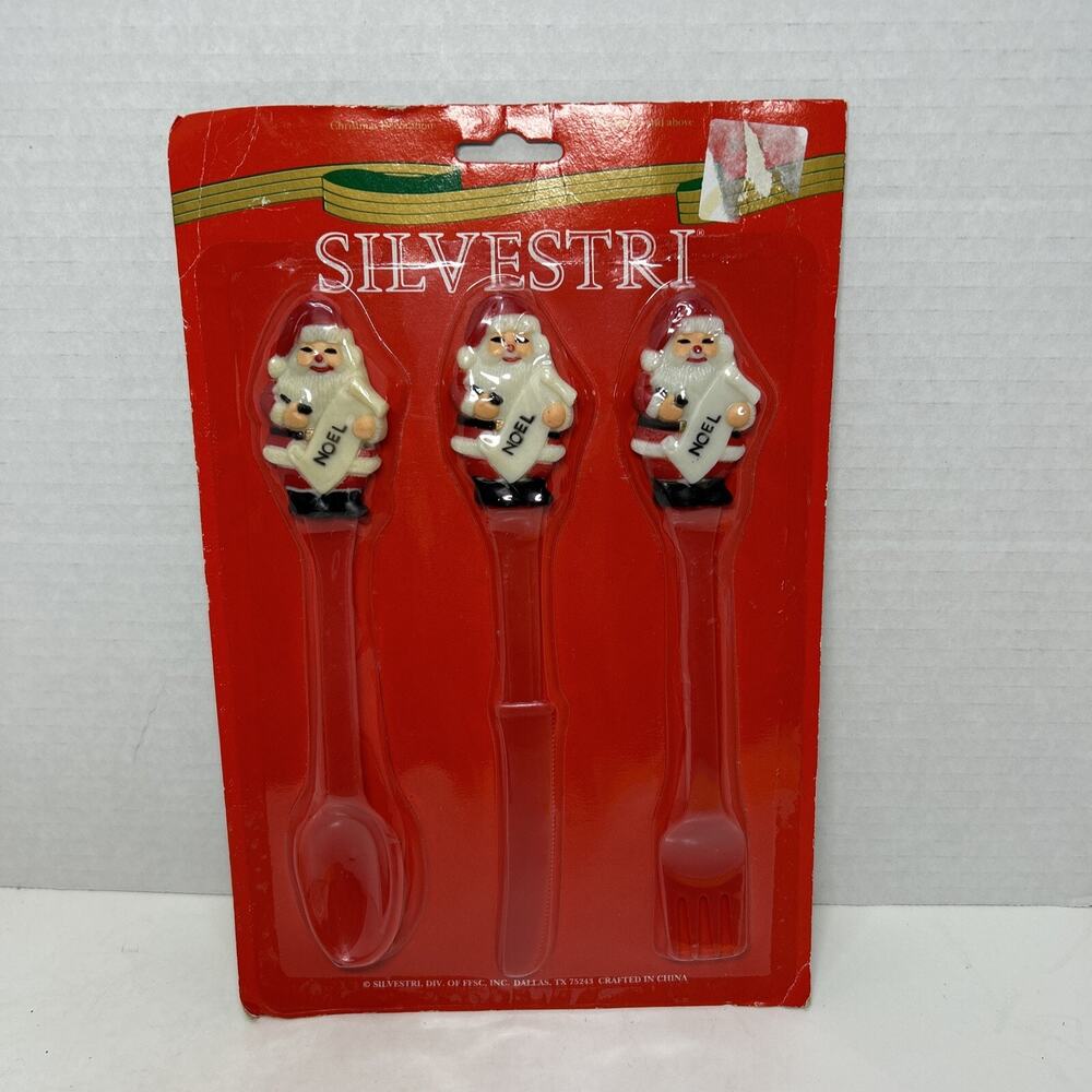 Vtg Silvestri Christmas Santa Noel Plastic Kids Cutlery-Fork, Spoon, Knife NOS